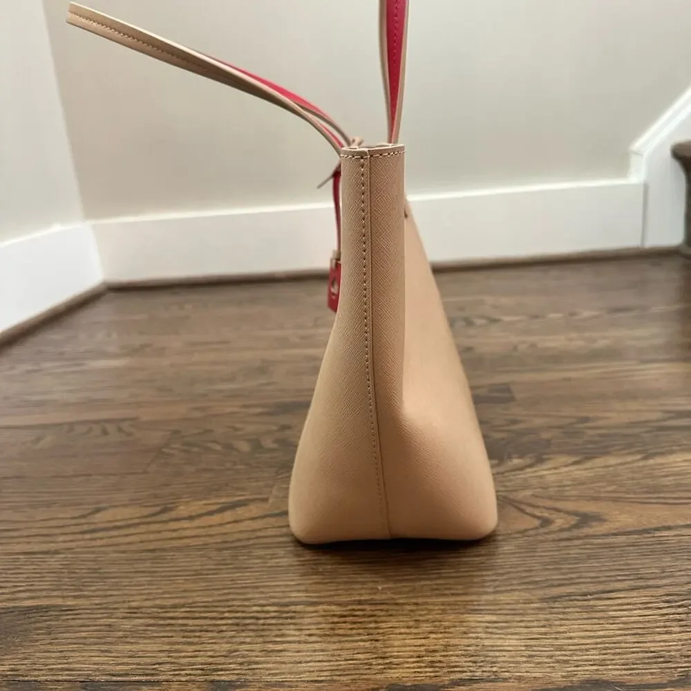 Kate Spade Lida Scotts Place Cream Taupe Leather Tote Bag Red Interior
